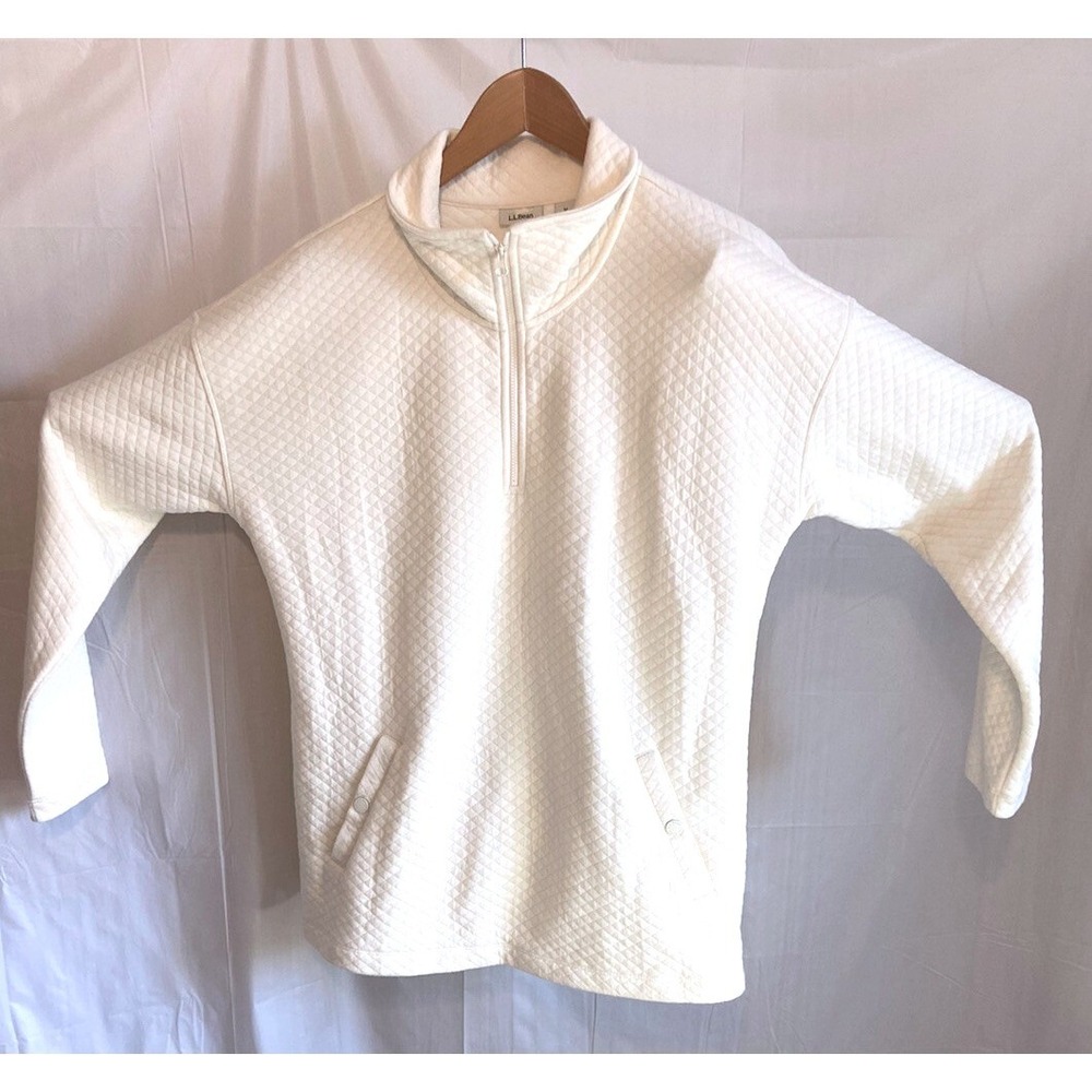LL Bean Women Quilted‎ Quarter Zip Pullover Cream White Diamond Quilt Size M